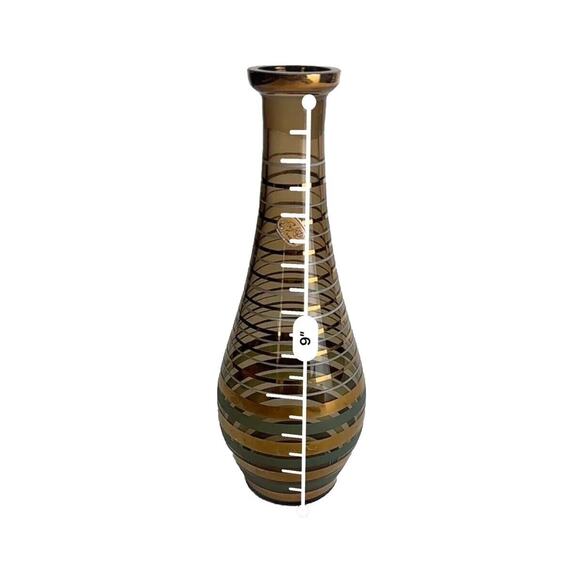 bohemia glass czechoslovakia MCM Smokey Brown Gold Striped Glass decanter Vase - Picture 4 of 6